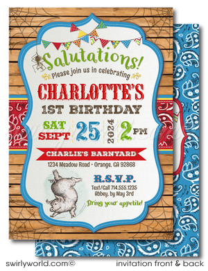 Celebrate with our Charlotte's Web Barnyard Themed Invitation Set! 🐷🌟 Perfect for your little one's 1st birthday, this vintage-inspired set includes invitations, thank you cards, and matching envelopes. Bring E.B. White's classic tale to life with vibrant barnyard colors and iconic imagery. Expertly printed and shipped to your door! 