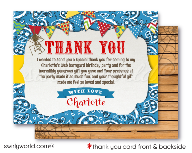 Charlotte's Web Barnyard Farm Animals Wilbur the Pig Birthday thank you card Digital Download
