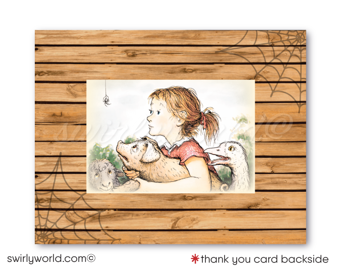 Celebrate with our Charlotte's Web Barnyard Themed Invitation Set! 🐷🌟 Perfect for your little one's 1st birthday, this vintage-inspired set includes invitations, thank you cards, and matching envelopes. Bring E.B. White's classic tale to life with vibrant barnyard colors and iconic imagery. Expertly printed and shipped to your door! 
