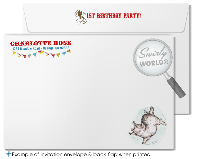 Charlotte's Web Barnyard Farm Animals Wilbur the Pig Birthday Invitations Digital Download