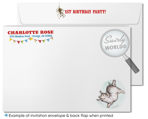 Celebrate with our Charlotte's Web Barnyard Themed Invitation Set! 🐷🌟 Perfect for your little one's 1st birthday, this vintage-inspired set includes invitations, thank you cards, and matching envelopes. Bring E.B. White's classic tale to life with vibrant barnyard colors and iconic imagery. Expertly printed and shipped to your door! 