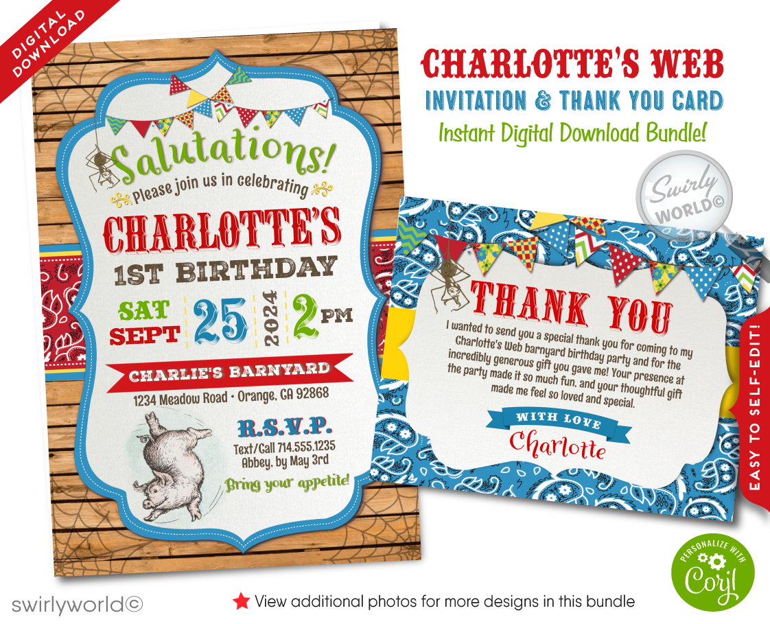 Make your little one's first birthday unforgettable with our Vintage Charlotte's Web Barnyard Themed Invitation Set! 🌟🐷 This digital download includes charming invitations, thank you cards, and envelope templates. Personalize and print for a timeless celebration filled with joy and nostalgia. Perfect for a Charlotte's Web themed party!