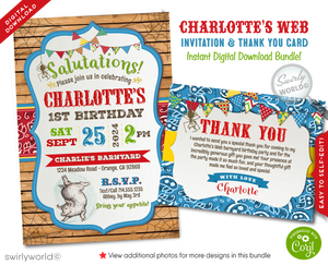 Make your little one's first birthday unforgettable with our Vintage Charlotte's Web Barnyard Themed Invitation Set! 🌟🐷 This digital download includes charming invitations, thank you cards, and envelope templates. Personalize and print for a timeless celebration filled with joy and nostalgia. Perfect for a Charlotte's Web themed party!