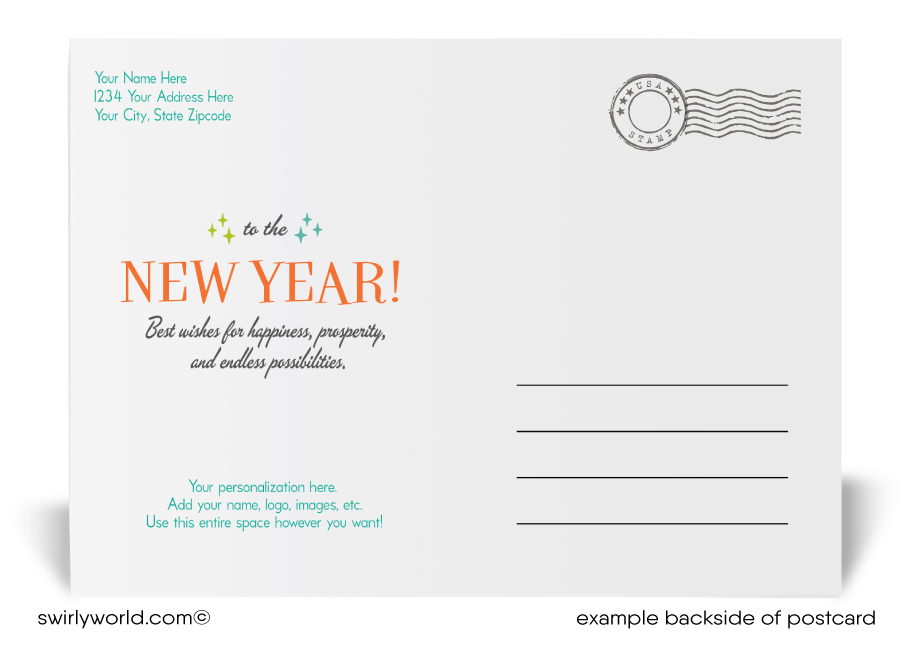 Retro Mid-Century Modern Cocktail-Themed Happy New Year Cards with Vintage Liquor Bottles, Bold Typography, and 1950s-1960s Starburst Design