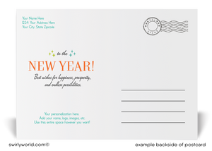 Retro Mid-Century Modern Cocktail-Themed Happy New Year Cards with Vintage Liquor Bottles, Bold Typography, and 1950s-1960s Starburst Design