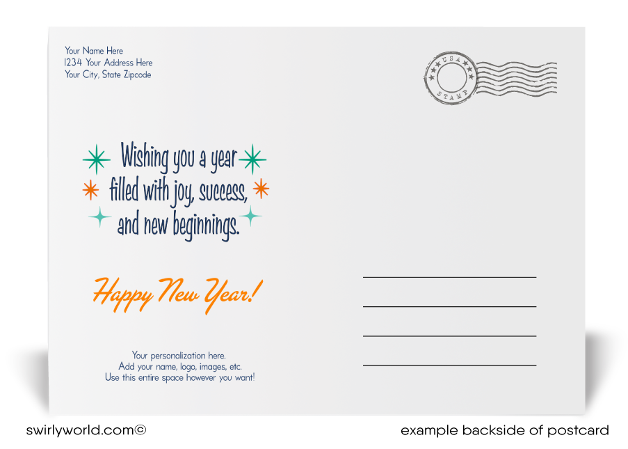 Send stylish New Year wishes! Our exclusive retro MCM postcards feature atomic starbursts, bold typography, and premium quality with free personalization included.