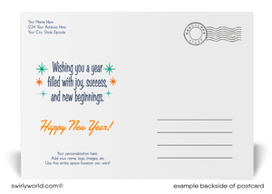 Exclusive Retro Mid-Century Modern Happy New Year Postcards with Atomic Starbursts, Retro Typography