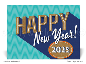 Send stylish New Year wishes! Our exclusive retro MCM postcards feature atomic starbursts, bold typography, and premium quality with free personalization included.