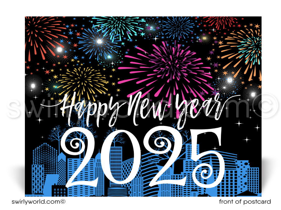 Celebrate in style! Our exclusive Happy New Year Postcards feature vibrant fireworks, retro typography, and a striking cityscape on premium card stock.