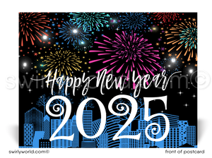 Celebrate in style! Our exclusive Happy New Year Postcards feature vibrant fireworks, retro typography, and a striking cityscape on premium card stock.