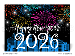 Exclusive Happy New Year Postcards with Fireworks, Retro Typography, and Cityscape Design