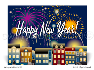 Stand out this New Year! Realtor-exclusive postcards feature charming row houses, fireworks, and retro calligraphy. Customizable and printed on premium card stock.