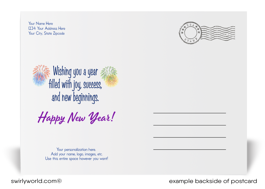 Stand out this New Year! Realtor-exclusive postcards feature charming row houses, fireworks, and retro calligraphy. Customizable and printed on premium card stock.