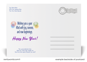 HousExclusive Realtor Happy New Year Postcards with Row Houses, Fireworks, Retro Calligraphy, and Customizable Design