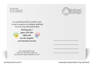 Exclusive Realtor® Happy New Year Postcards with Neighborhood Homes, Fireworks, and Sophisticated Typography