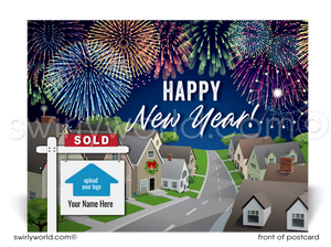 Celebrate New Year's with Realtor® postcards! Featuring homes, fireworks, and elegant typography, these cards are perfect for sending warm wishes to clients.