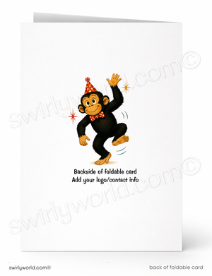 A white foldable greeting card shown front and back on a white background. The front features a cartoon dancing monkey wearing a red party hat and bow tie, with placeholder text below reading 'Backside of foldable card' and 'Add your logo/contact info'.