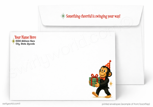 A printed custom birthday envelope set shown on a white background, with a front envelope featuring red placeholder text and a cartoon monkey carrying a gift, plus a second white envelope behind it.