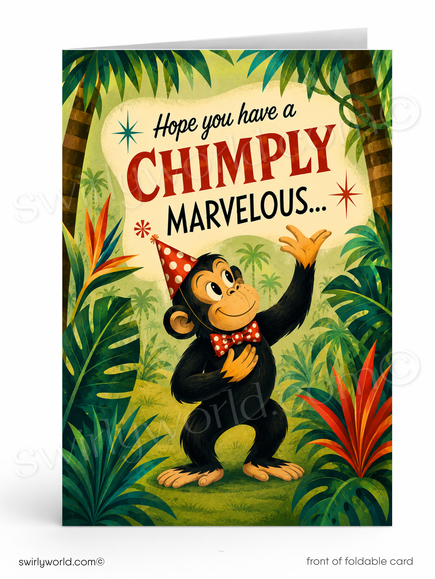 A folded greeting card shown standing upright against a white background. The card features a retro-style illustration of a smiling chimpanzee in a red polka-dot party hat and bow tie, surrounded by lush tropical foliage.
