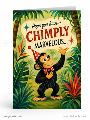 A folded greeting card shown standing upright against a white background. The card features a retro-style illustration of a smiling chimpanzee in a red polka-dot party hat and bow tie, surrounded by lush tropical foliage.