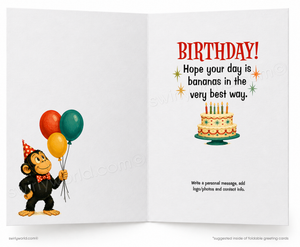 An open greeting card with a white background. The left panel shows a cartoon monkey wearing a party hat and holding red, yellow, and green balloons.