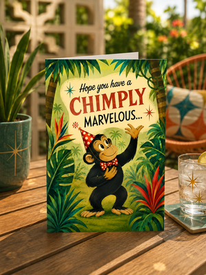 A greeting card featuring a cartoon chimp wearing a red party hat and bow tie, surrounded by tropical plants, standing on a wooden table in an outdoor patio setting. The card reads 'Hope you have a CHIMPY MARVELOUS.
