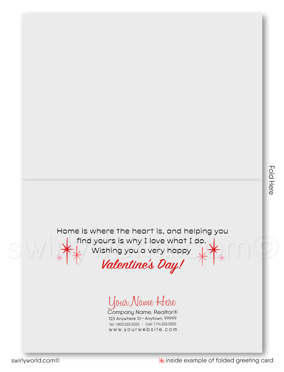 Mid-Century Modern Valentine’s Day Cards for Realtors with Custom Logo Space, Whimsical Hearts, and Vibrant Landscape Design