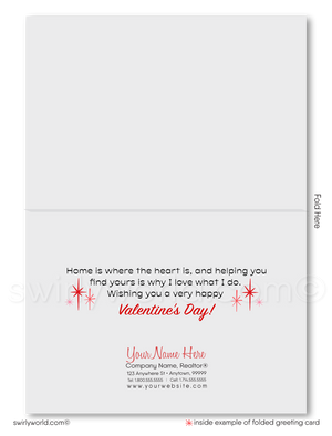 Mid-Century Modern Valentine’s Day Cards for Realtors with Custom Logo Space, Whimsical Hearts, and Vibrant Landscape Design