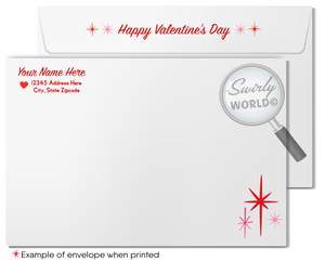 Mid-Century Modern Valentine’s Day Cards for Realtors with Custom Logo Space, Whimsical Hearts, and Vibrant Landscape Design