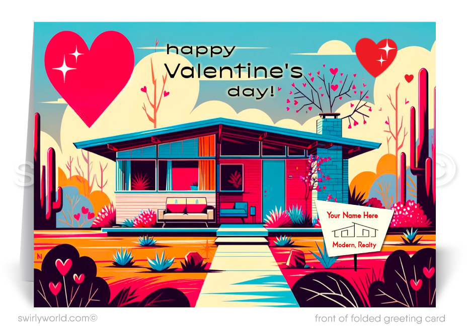 Mid-Century Modern Valentine’s Day Cards for Realtors with Custom Logo Space, Vibrant Desert Design