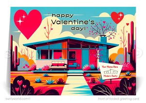 Mid-Century Modern Valentine’s Day Cards for Realtors with Custom Logo Space, Vibrant Desert Design