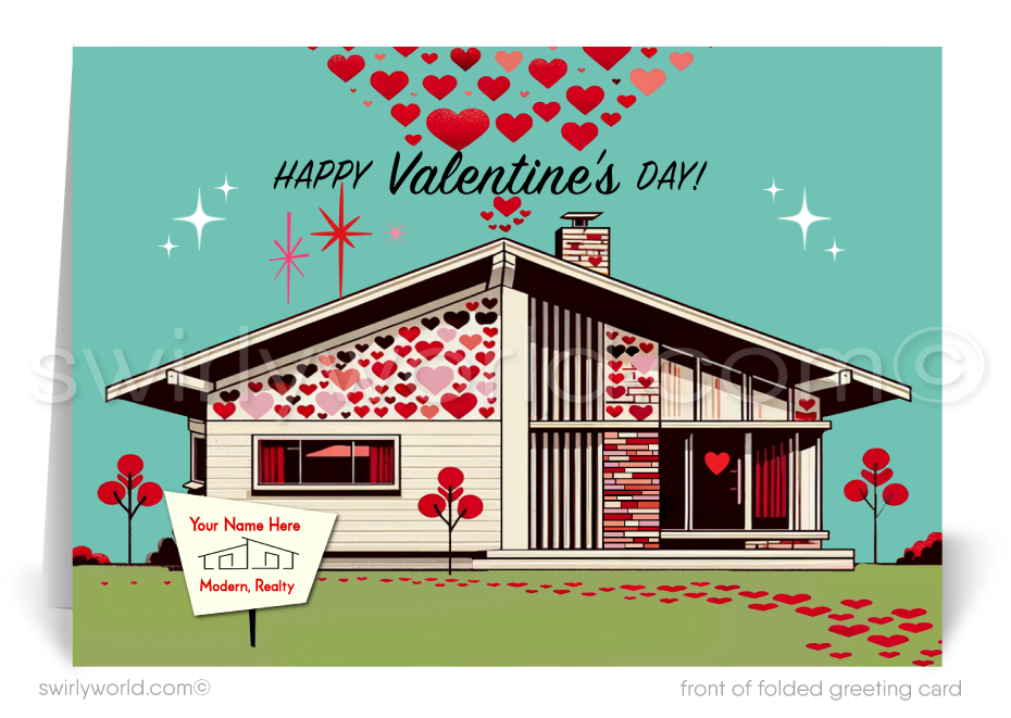 Mid-Century Modern Valentine’s Day Cards for Realtors with Custom Logo Space, Whimsical Hearts, and Vibrant Landscape Design