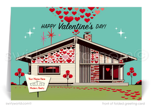 Mid-Century Modern Valentine’s Day Cards for Realtors with Custom Logo Space, Whimsical Hearts, and Vibrant Landscape Design