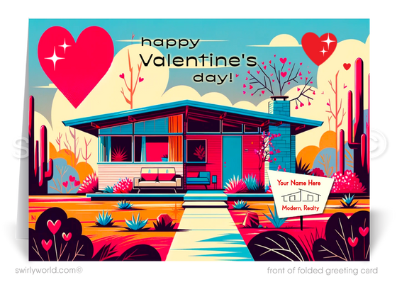 Digital Retro MCM Mid-Century Home Atomic Modern Valentine's Day Cards for Realtors