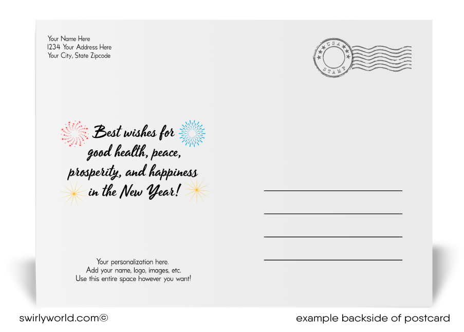 Celebrate with elegance! Our exclusive Happy New Year Postcards feature bold gold typography, firework starbursts, and premium card stock for a festive touch.