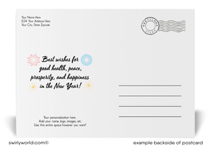 Exclusive Retro Happy New Year Postcards with Firework Starburst Pattern, Bold Gold Typography