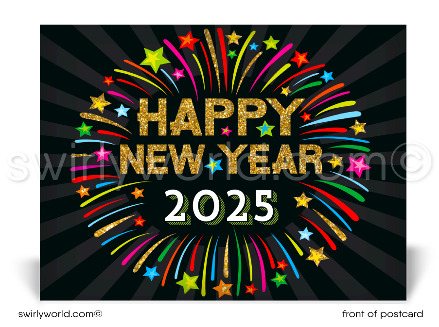 Celebrate with elegance! Our exclusive Happy New Year Postcards feature bold gold typography, firework starbursts, and premium card stock for a festive touch.