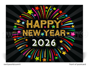 Exclusive Retro Happy New Year Postcards with Firework Starburst Pattern, Bold Gold Typography