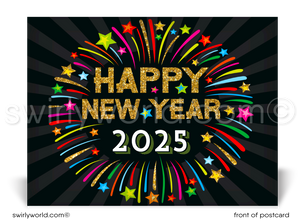 Celebrate with elegance! Our exclusive Happy New Year Postcards feature bold gold typography, firework starbursts, and premium card stock for a festive touch.