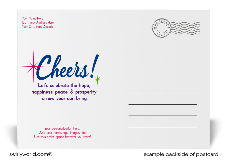 Celebrate in style! Our exclusive Happy New Year Postcards feature stylish calligraphy, vibrant confetti strings, and a deep blue backdrop on premium card stock.