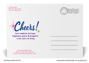 Exclusive Happy New Year Postcards with Stylish Calligraphy, Vibrant Confetti Strings, and Deep Blue Backdrop