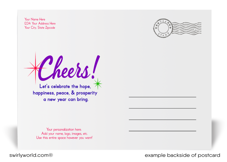 Celebrate with retro charm! Our Happy New Year Postcards feature a stylish banner, party horns, balloons, confetti, and calligraphy on a bold purple backdrop.