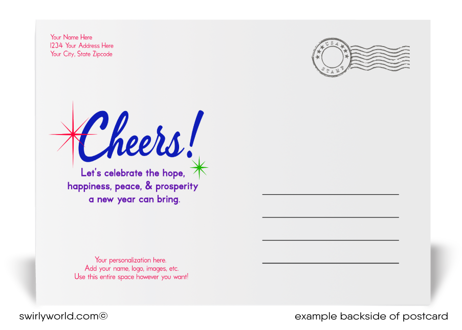 Celebrate with retro flair! Our exclusive Happy New Year Postcards feature colorful lights, retro calligraphy, starbursts, and a deep purple backdrop on premium card stock.