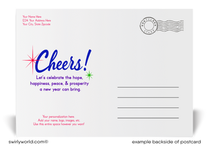 Exclusive Happy New Year Postcards with Colorful Lights, Retro Calligraphy, Starbursts, and Deep Purple Backdrop