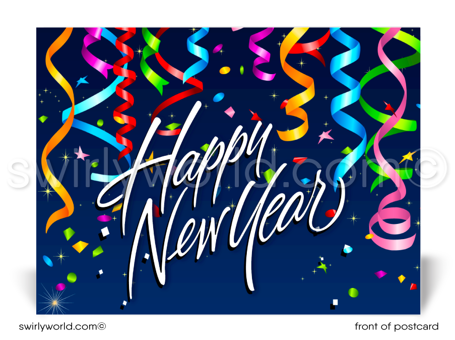 Celebrate in style! Our exclusive Happy New Year Postcards feature stylish calligraphy, vibrant confetti strings, and a deep blue backdrop on premium card stock.