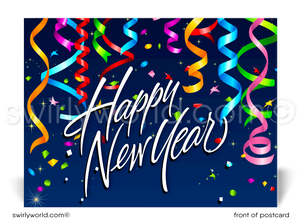 Celebrate in style! Our exclusive Happy New Year Postcards feature stylish calligraphy, vibrant confetti strings, and a deep blue backdrop on premium card stock.