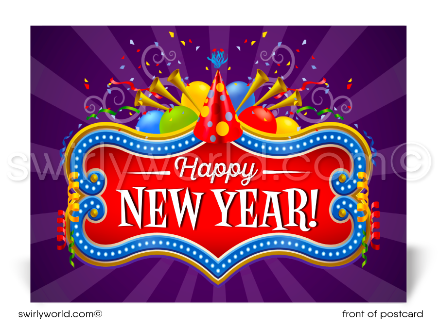 Celebrate with retro charm! Our Happy New Year Postcards feature a stylish banner, party horns, balloons, confetti, and calligraphy on a bold purple backdrop.