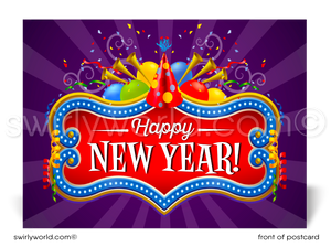 Celebrate with retro charm! Our Happy New Year Postcards feature a stylish banner, party horns, balloons, confetti, and calligraphy on a bold purple backdrop.