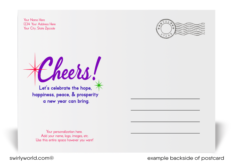 Send vibrant wishes! Our exclusive Happy New Year Postcards feature bold typography, colorful starbursts, and retro-modern charm on premium card stock.