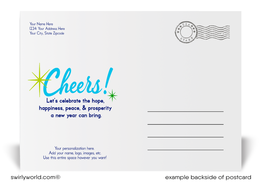 Celebrate the New Year in style! Our exclusive postcards feature bold "Happy New Year" typography, vibrant blue and green starbursts, and retro-modern charm.
